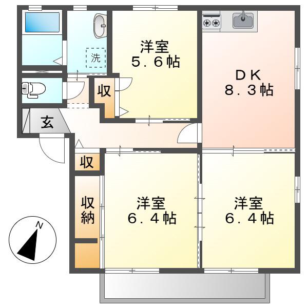 ペルレ E棟(3DK/2階)の間取り写真