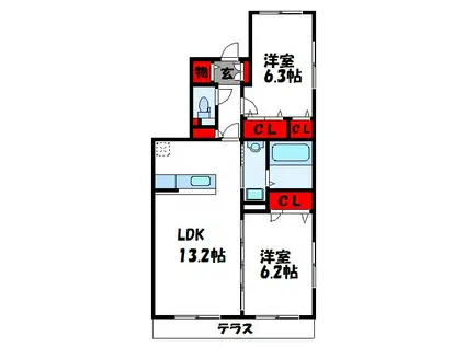 マガール21B棟(2LDK/2階)の間取り写真