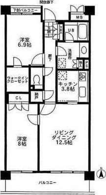 シャトレ美しが丘(2LDK/4階)の間取り写真