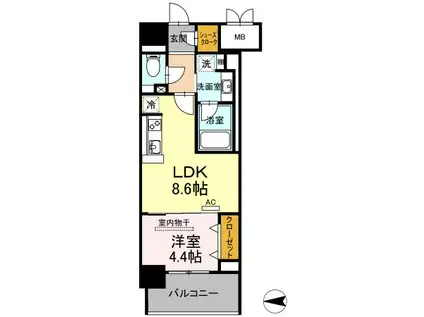 Dプレイス 九品寺(1LDK/4階)の間取り写真