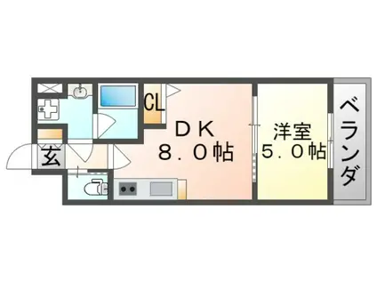 ベルファース緑地公園(1DK/2階)の間取り写真