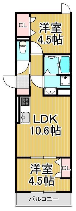 セレスティア南花畑III(2LDK/2階)の間取り写真