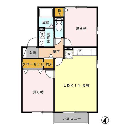カームヒルズA・B(2LDK/2階)の間取り写真
