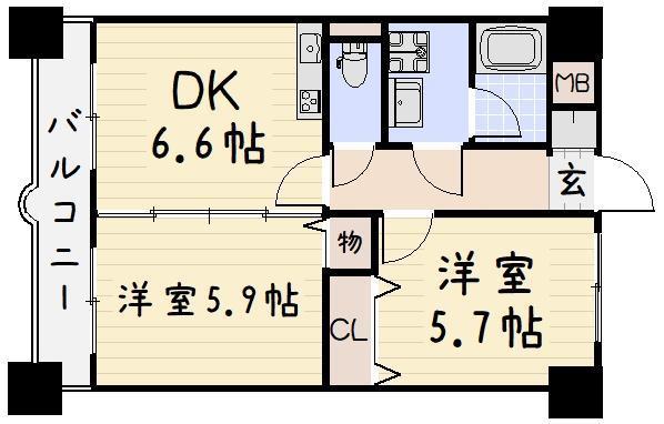 ニューシティアパートメンツ南小倉I(2DK/9階)の間取り写真