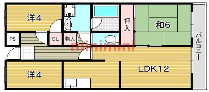 大阪モノレール本線 宇野辺駅 徒歩17分 3階建 築37年(3LDK/3階)の間取り写真