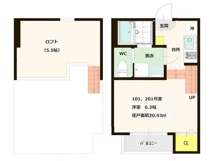 ハーモニーテラス九産大前(1K/1階)の間取り写真