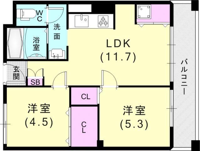 豊縁兵庫ビル(2LDK/5階)の間取り写真