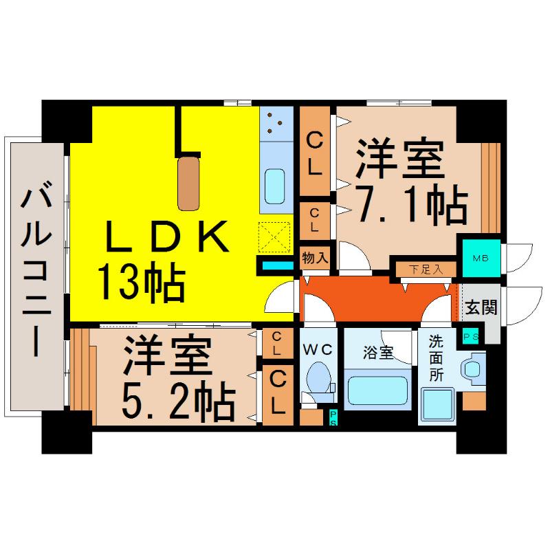 グランディール名古屋(2LDK/2階)の間取り写真