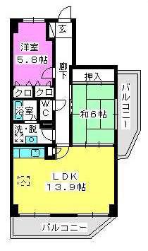 ノーブル伊都(2LDK/6階)の間取り写真