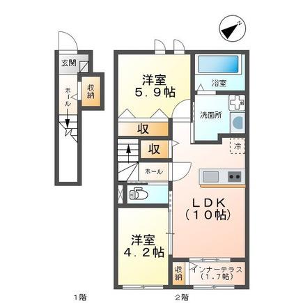 ルナ クレセンテLUNA CRECENTE(2LDK/2階)の間取り写真