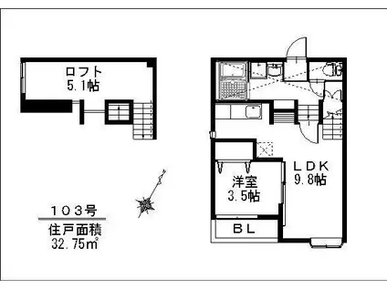 アルル笹原駅東 410(1LDK/1階)の間取り写真