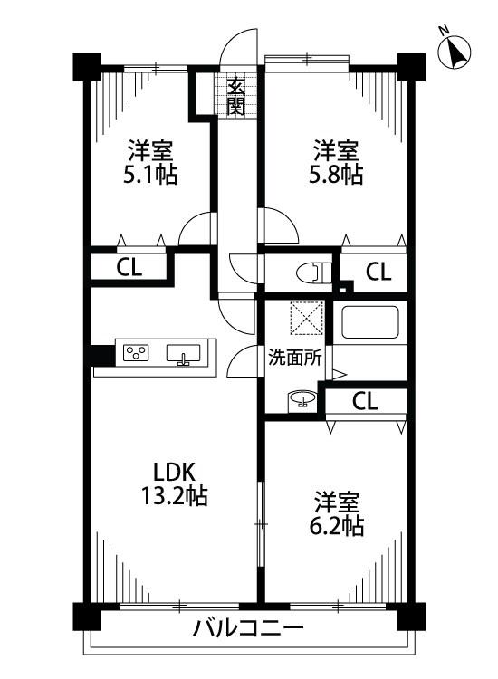 パークハイツ万代(3LDK/3階)の間取り写真