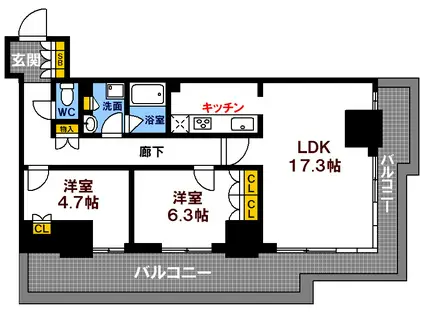 グランクロスタワー広島 アイコート(2LDK/8階)の間取り写真