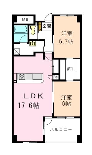 ヒルズ大清水E(2LDK/2階)の間取り写真