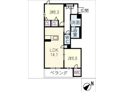 ヒューゲル(2LDK/2階)の間取り写真