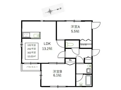 新川レジデンス(2LDK/3階)の間取り写真