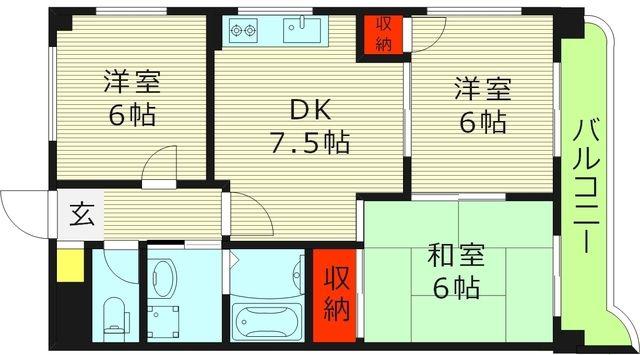 鶴見緑地ハイツ弐番館(3DK/6階)の間取り写真