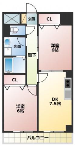 ハイデンスホンダ(2DK/6階)の間取り写真