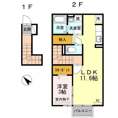 D-ROOM中里(1LDK/2階)の間取り写真