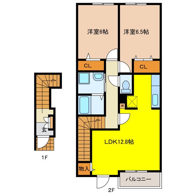 グリーンローズ A棟(2LDK/2階)の間取り写真