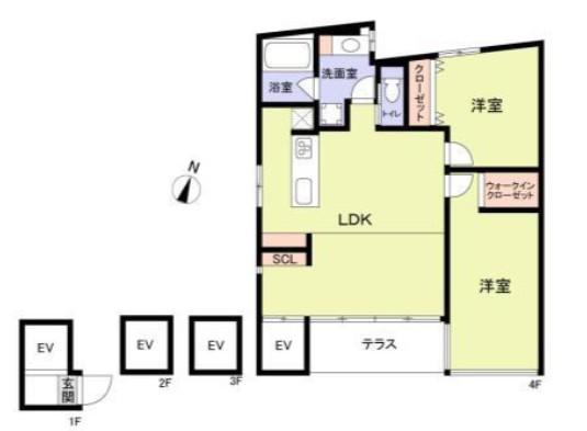 KAGURAZAKA TERRACE 神楽坂テラス(2LDK/4階)の間取り写真