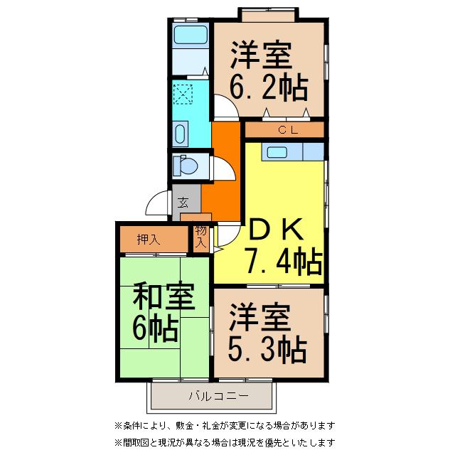 フォブール喜多川 A棟B棟(3DK/2階)の間取り写真