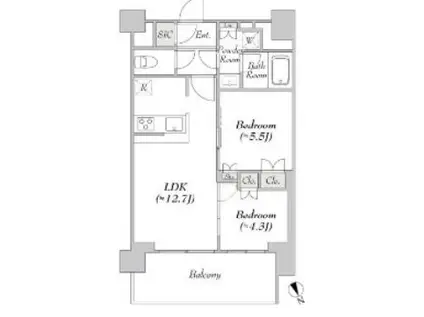 ウエリスアーバン水天宮前(2LDK/13階)の間取り写真