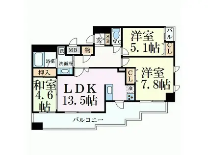 プレジール三ノ宮(3LDK/10階)の間取り写真