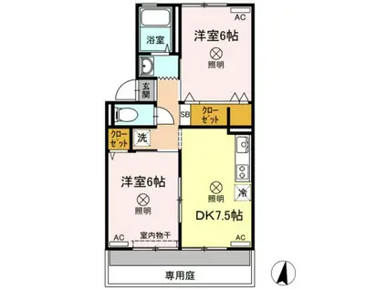 シャトル春水B棟(2DK/1階)の間取り写真