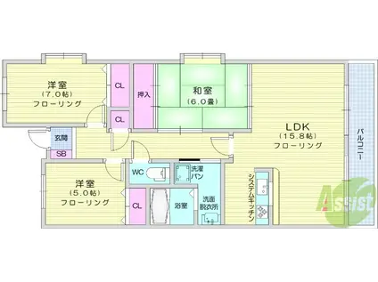 ラスティコート南仙台(3LDK/5階)の間取り写真