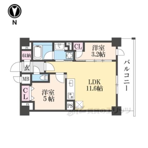 ジオエント四条大宮(2LDK/7階)の間取り写真