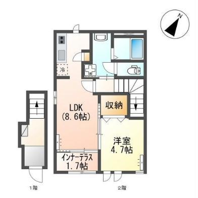 NO SIDE2(1LDK/2階)の間取り写真