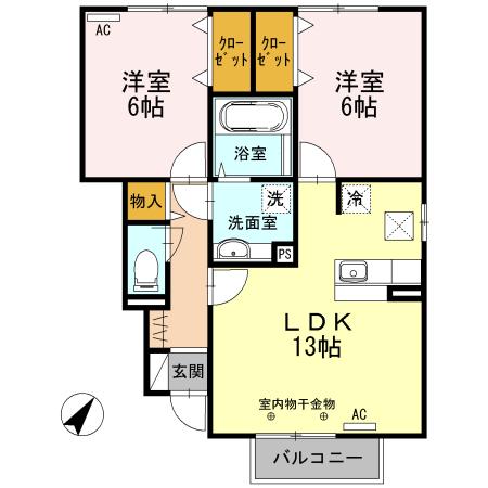 コンフレール西条 B棟(2LDK/1階)の間取り写真