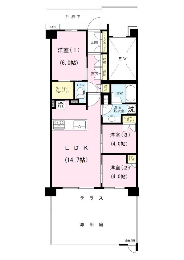 オーベルグランディオ川崎久地ヒルズ(3LDK/1階)の間取り写真