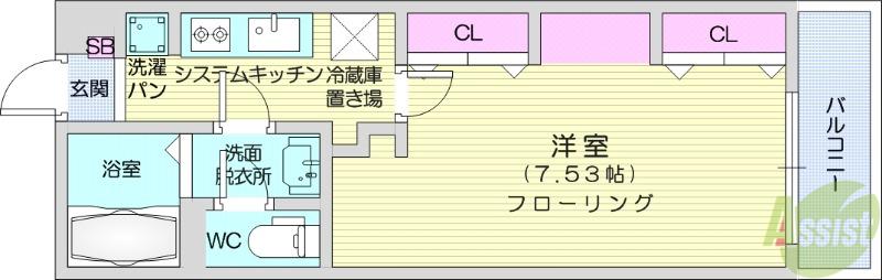 リュクス錦町(1K/4階)の間取り写真