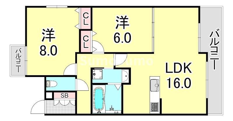 サムティグランツ神戸(2LDK/8階)の間取り写真
