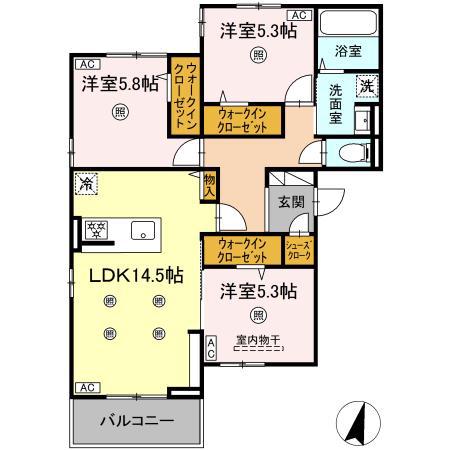 DーROOM美野島(3LDK/3階)の間取り写真