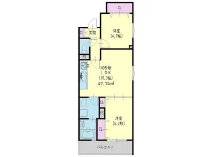 クリエオーレ大庄北(2LDK/1階)の間取り写真