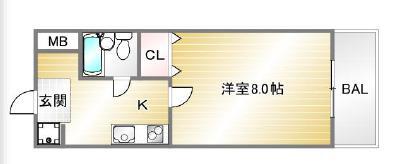 ラフォーレ兵庫B(1K/4階)の間取り写真