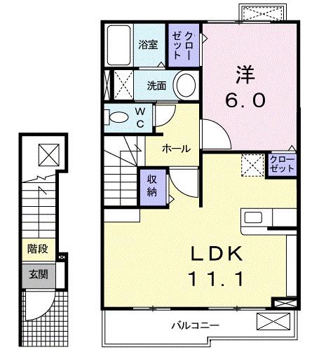 ソレイユB(1LDK/2階)の間取り写真