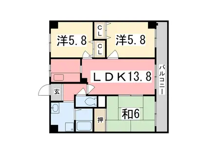 ハピネス仁豊野(3LDK/2階)の間取り写真