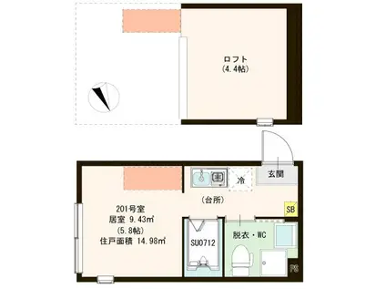 ハーモニーテラス向山(ワンルーム/2階)の間取り写真