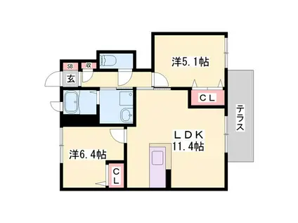 シャーメゾン浜の宮 B棟(2LDK/1階)の間取り写真