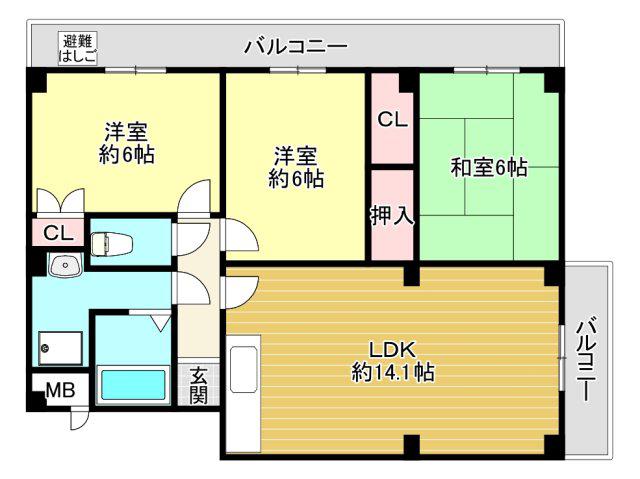殿辻ハイム(3LDK/2階)の間取り写真