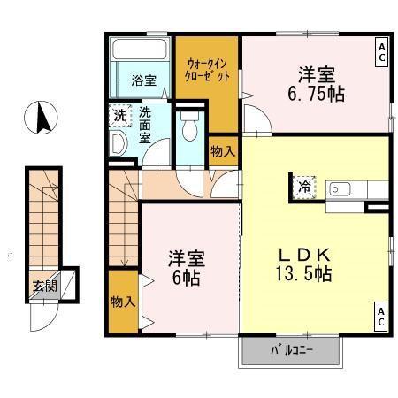 ヒルズ北町 B(2LDK/2階)の間取り写真