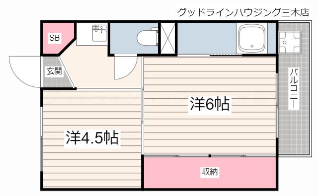 ビレッジハウス朝日ヶ丘2号棟(2K/4階)の間取り写真