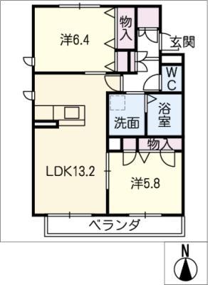 O.S.ZEAL N棟(2LDK/2階)の間取り写真