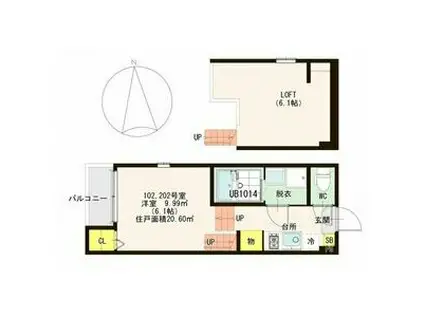 ハーモニーテラス表柴田町(1K/2階)の間取り写真