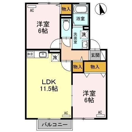 エフロレンス山陽D棟(2LDK/2階)の間取り写真