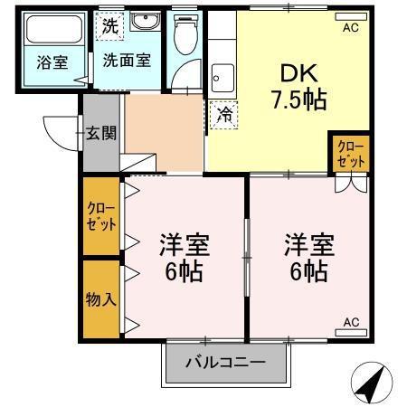 グリーンヴィレッジC棟(2DK/2階)の間取り写真